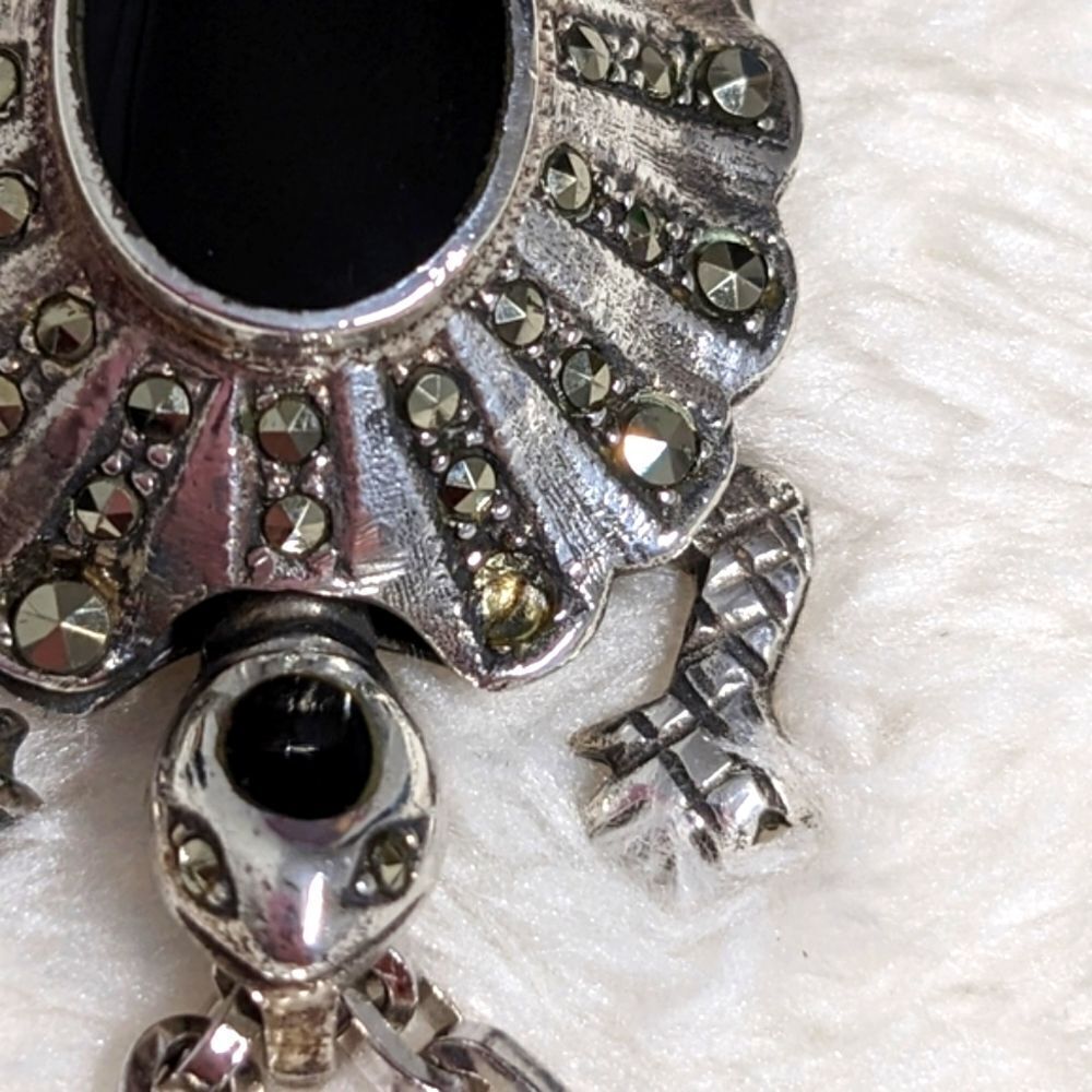 Vintage Sterling Silver, Onyx and Marcasite Turtle Pendant/Necklace - Picture 5 of 16